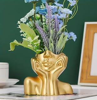VRB Dec 1 Pcs Vase for Home Decor, Living Room, Office, Bedroom,Centre Table,Ceramic Look Unbreakable Showpiece Flower Pot for Decorations (Only vase, No Flower) Size - 15 cm (Face Design 1 - Gold)-image-23