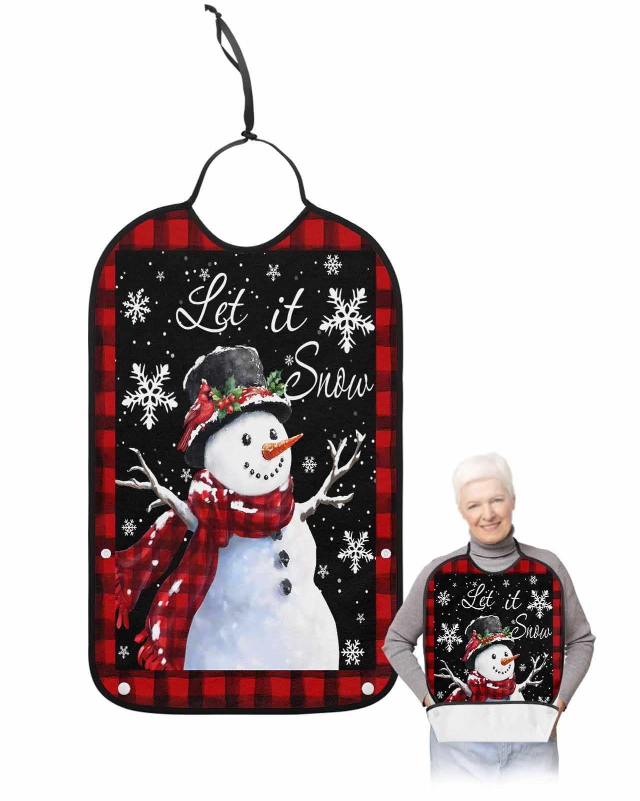 Christmas Adult Bibs for Eating, Merry Christmas Winter Snowman Snowflakes Berries Red Plaid Washable Elderly Adult Bibs for Men Women Large Adjustable Clothing Protector with Optional Crumb Catcher