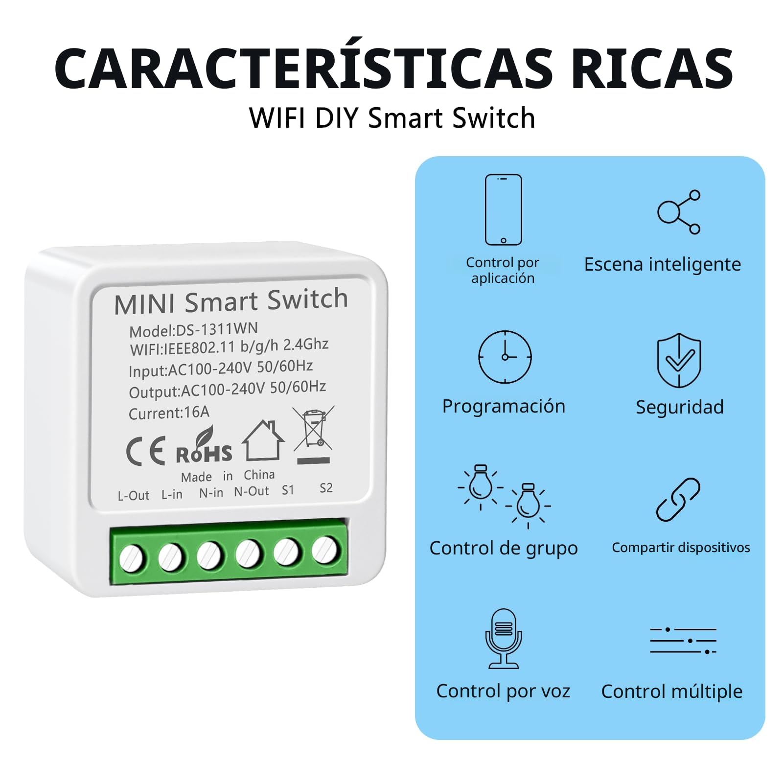 Interruptor WiFi Smart Life, 16A Relé Interruptor Inteligente Wi-Fi & Bluetooth, 2.4g Smart Light Switch Compatible con Asistente de Voz y Tuya, Smart Switch Alexa, Requiere Cable Neutro