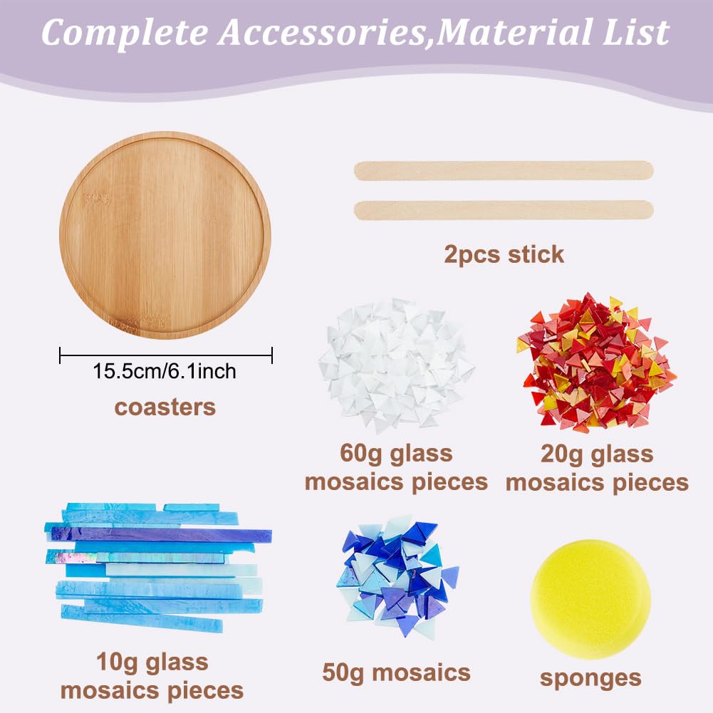 WEBEEDY Kit Fai da Te per Mosaico con Sottobicchieri in Bambù - per Adulti e Principianti, Piastrelle in Vetro Stile Blu con Base Rotonda per Sottobicchiere Fatto a Mano