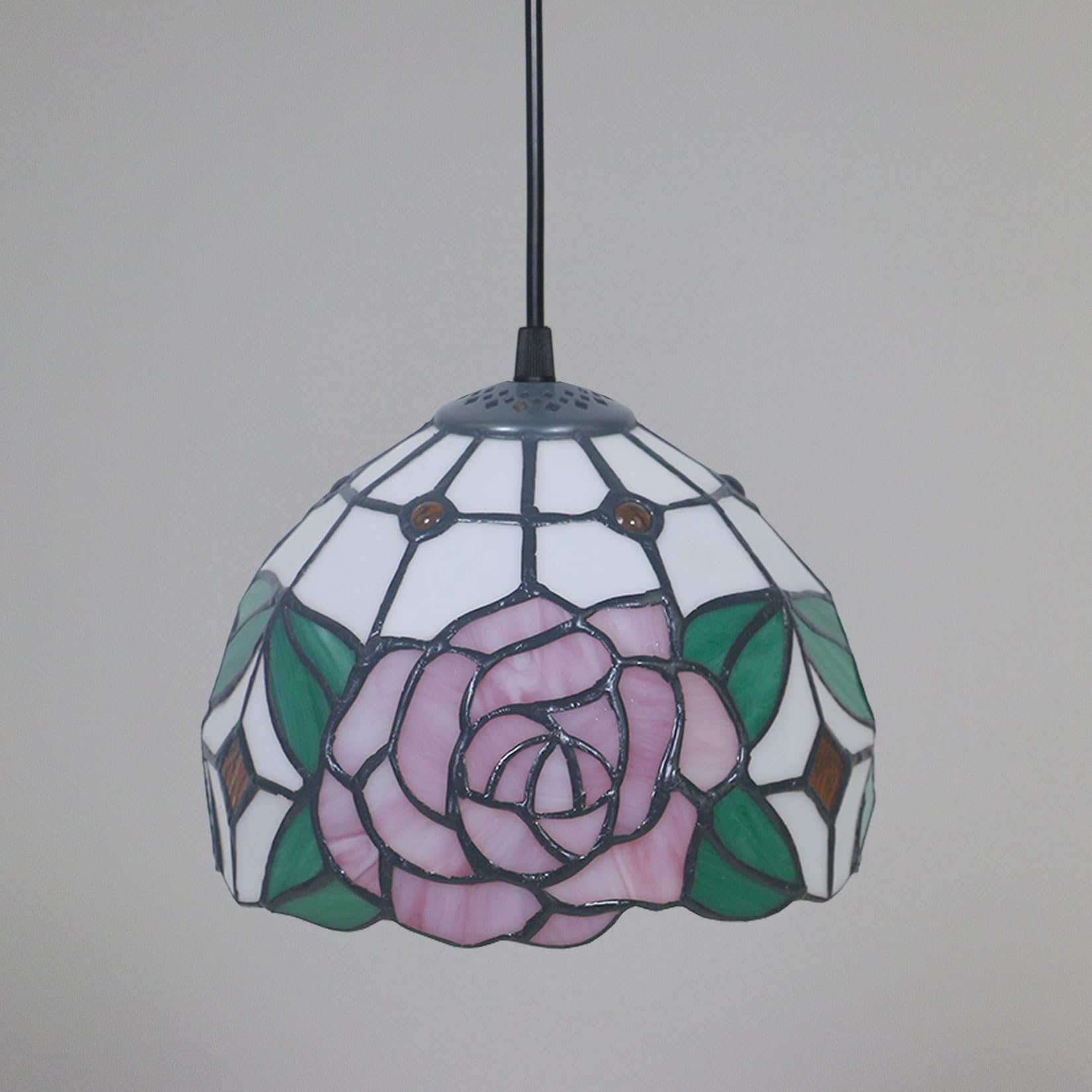 Lampa wisząca Tiffany Rose Witraż Klosze Lampy Wiszące Vintage Różowy Kwiat Zielony Liść Wystrój Domu Żyrandol Szeroki 8" Wysokość 39" Do Kuchennej Wyspy Jadalnej 2szt