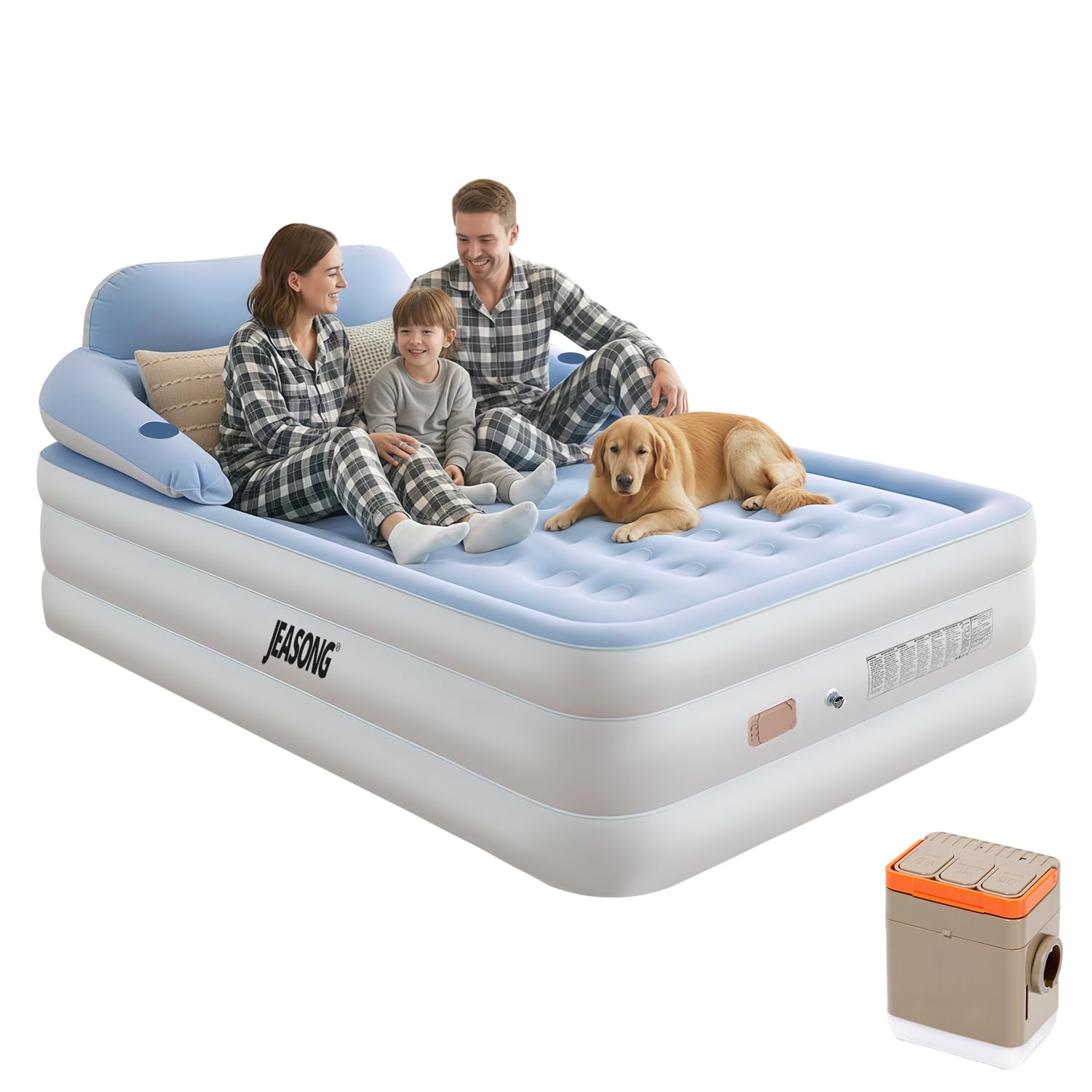 JEASONG Air Mattress Queen with Built in Pump, 20" Raised Blow Up Mattress, Cordless Inflatable Mattress, Air Bed with Headboard, Inflatable Bed Portable Airbed for Camping, Guest, and Home, 700 lbs