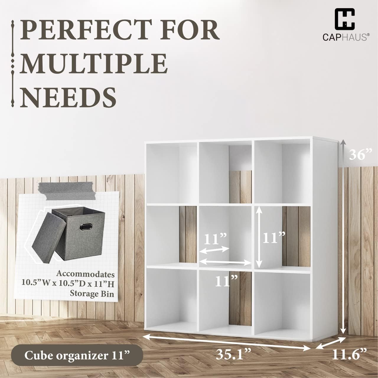 CAPHAUS 11-Inch Cube Storage Organizer Shelf, Home Storage Shelf Divider w/Back, 9-Cube Storage Bookcase, White