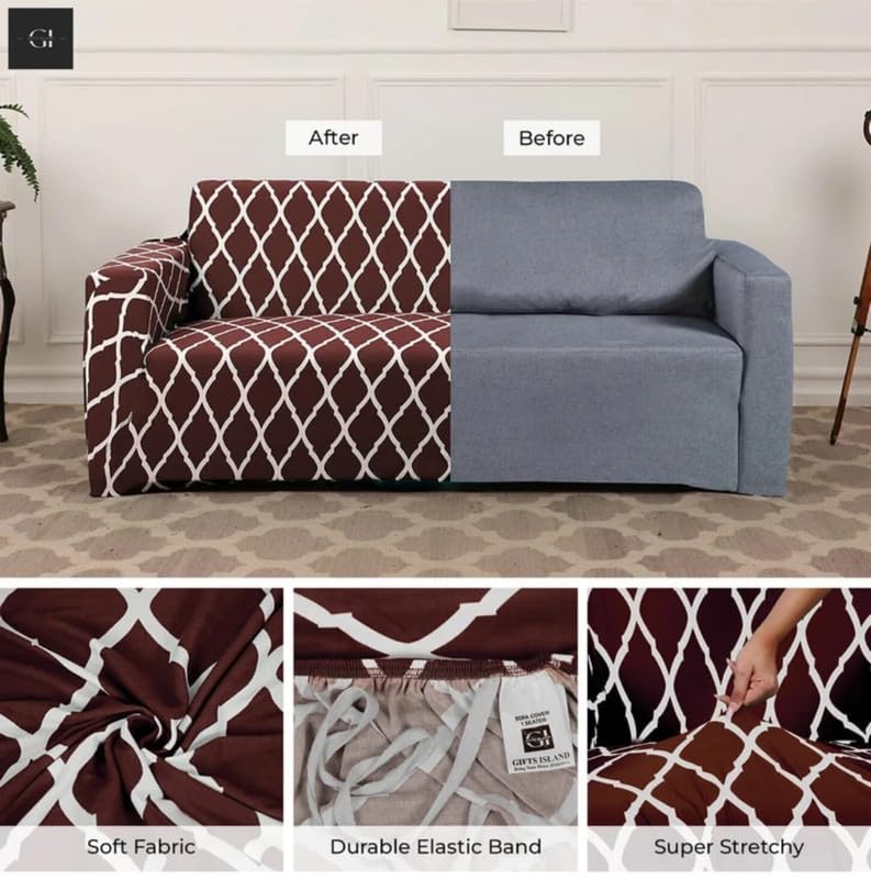 Image of HK Printed 5 Seater Sofa Cover Big Elasticity Cover Stretch Universal Sofa Slipcover 5 Seater (3 Seater Size 185-230cm and 1 Seater Size 90-145cm)
