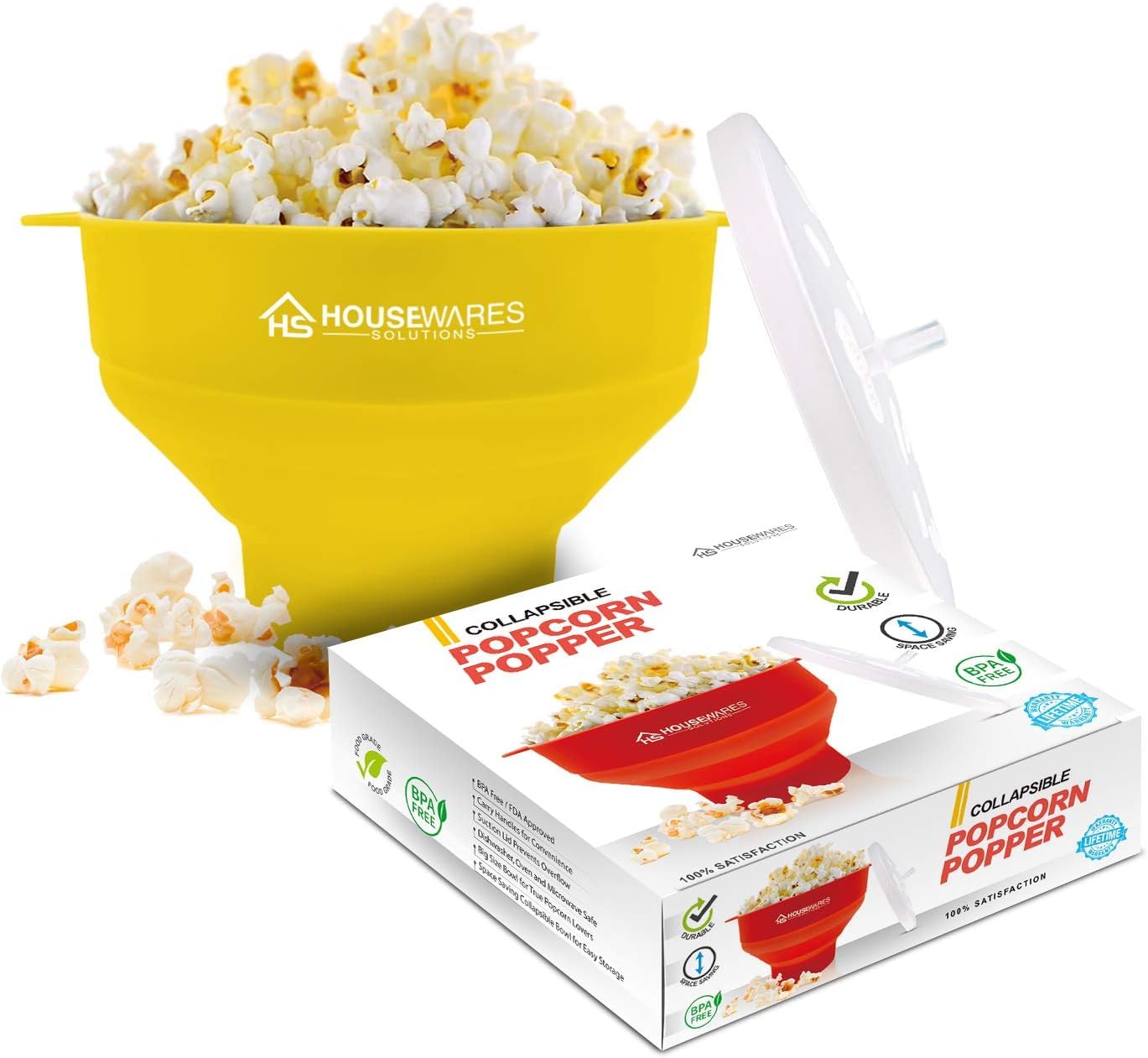 Collapsible Silicone Microwave Hot Air Popcorn Popper Bowl with Lid and Handles (Yellow)