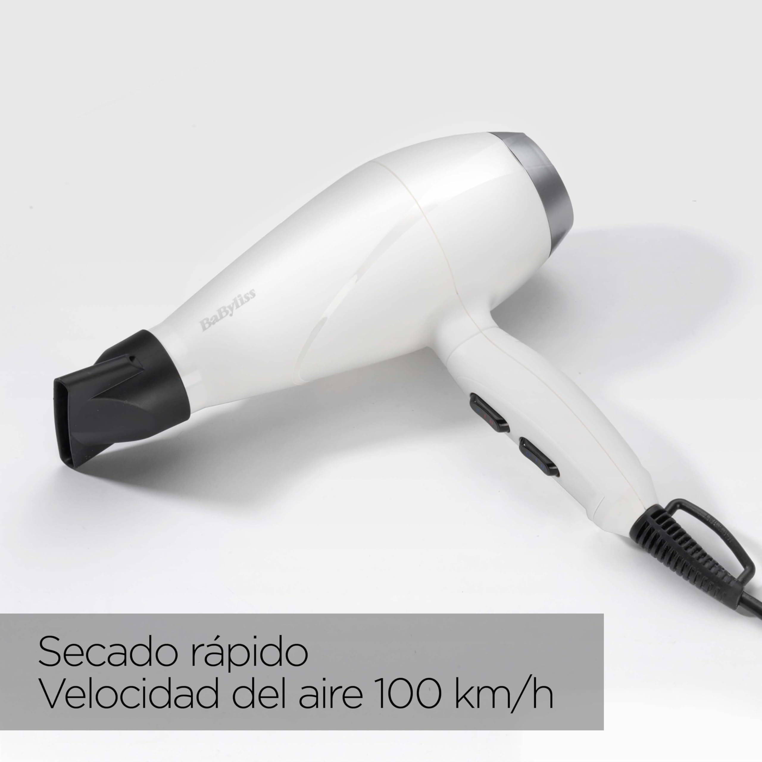 BaByliss Secador de Pelo Speed Pro 2000 W - Secador profesional, Motor AC, Fabricado en italia, Ligero, Tecnología iónica, Antiencrespamiento, 3 Ajustes de calor y 2 velocidades, Blanco, 6704WE