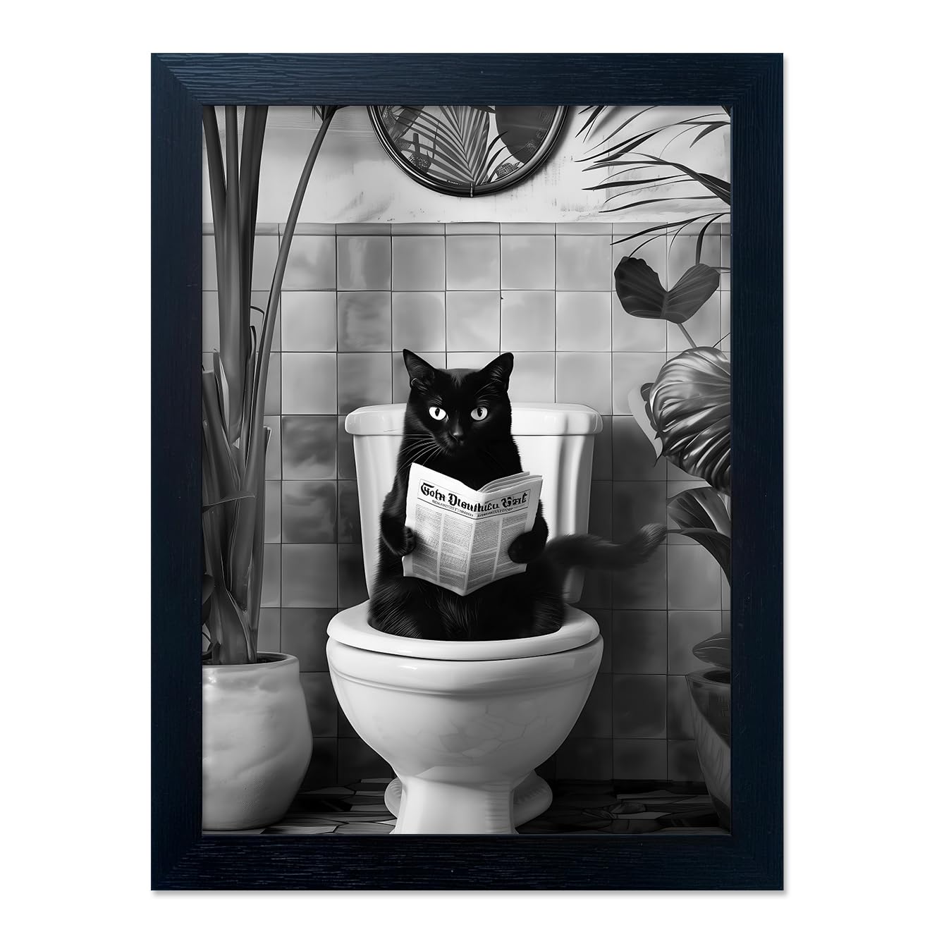 Black and White Bathroom Wall Decor Funny Black Cat Sitting on Toilet Reading Newspaper