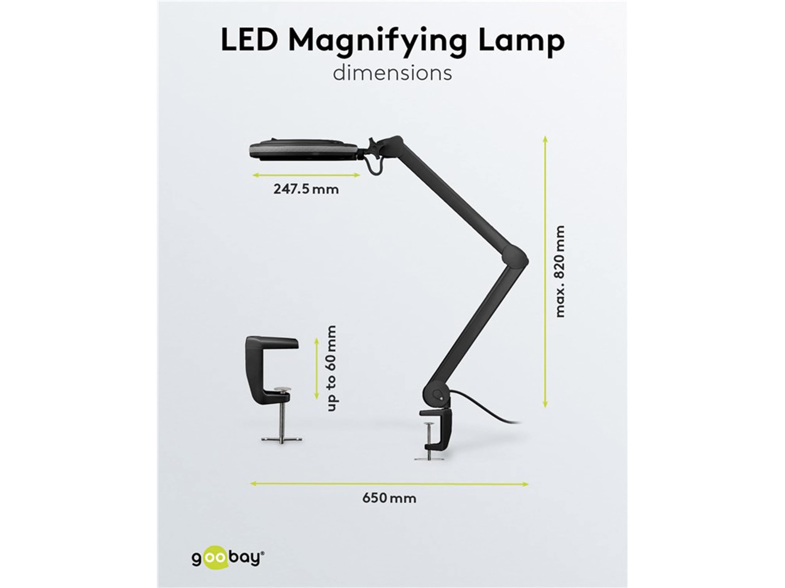 goobay 64988 Lámpara aumento LED 9W 730lm/ pinza/lente cristal 127mm 1,75 aumentos lupa trabajo cosmética, soldadura, manualidades, leer/brazo articulado/lámpara sobremesa
