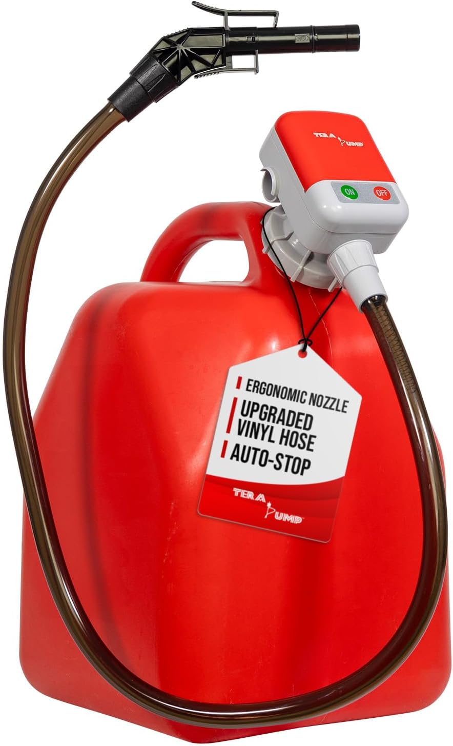 TERA PUMP 5th Gen TRFA01 Fuel Transfer Pump with Overfill Protection (2.7 GPM) Universal Gas Can Adapter, 39.4 inch Vinyl Hose, Liquid Transfer Pump for E15, E85, Gas, Diesel & More