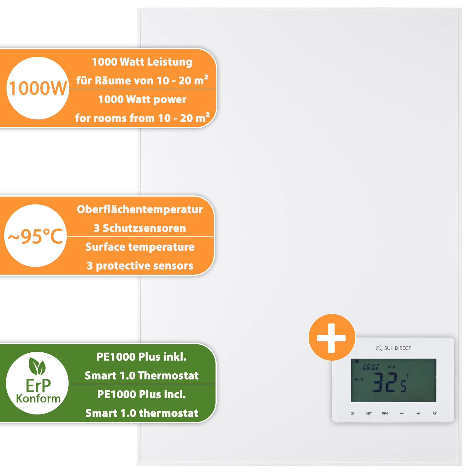 PE1000 Plus grzejnik na podczerwień 85 x 120 cm 1000 W + termostat Smart1.0
