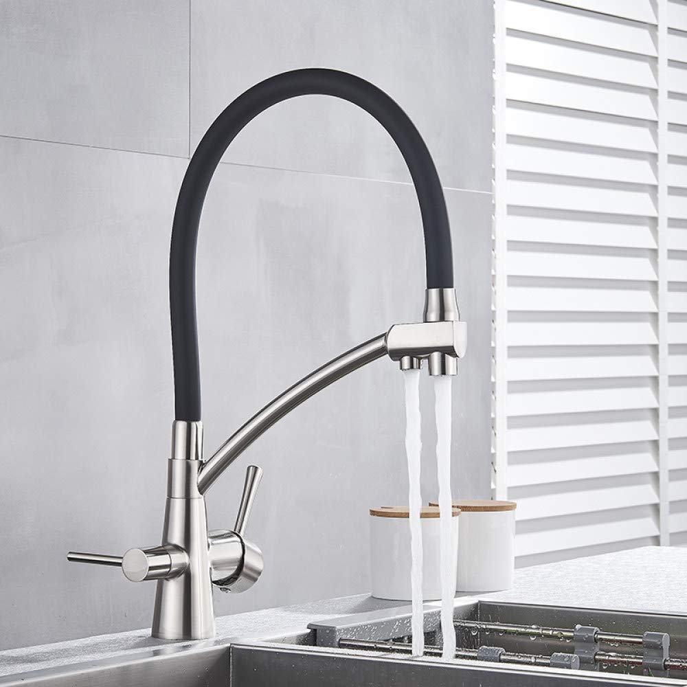 Grifo caliente y frío Grifo del fregadero de la cocina Grifo Mezclador de filtro de agua pura Grúa Manijas dobles Purificación de la cocina, negro mate B, talla única