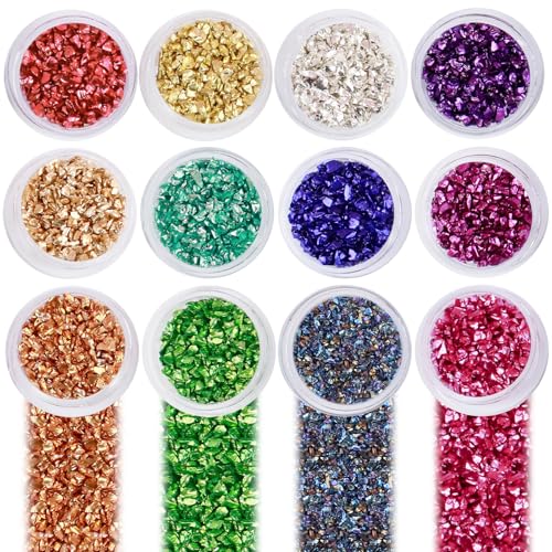 Irregular Nail Chunky Glitter Set 12 Colors Small Crushed Glass for Resin Art Sparkly Crystal Glitter Chips for Nail Arts Crafts DIY Epoxy Resin Jewelry Making