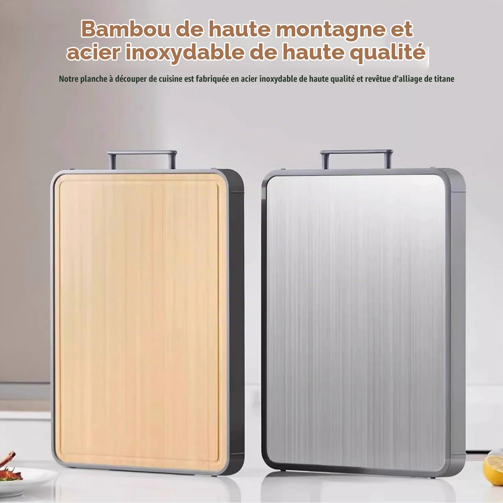 Planches à découper pour la cuisine - Planche à découper en titane - Planche à découper en acier inoxydable - Planche à découper double face - Avec rainure à jus - Antidérapantes - Antiadhésives et