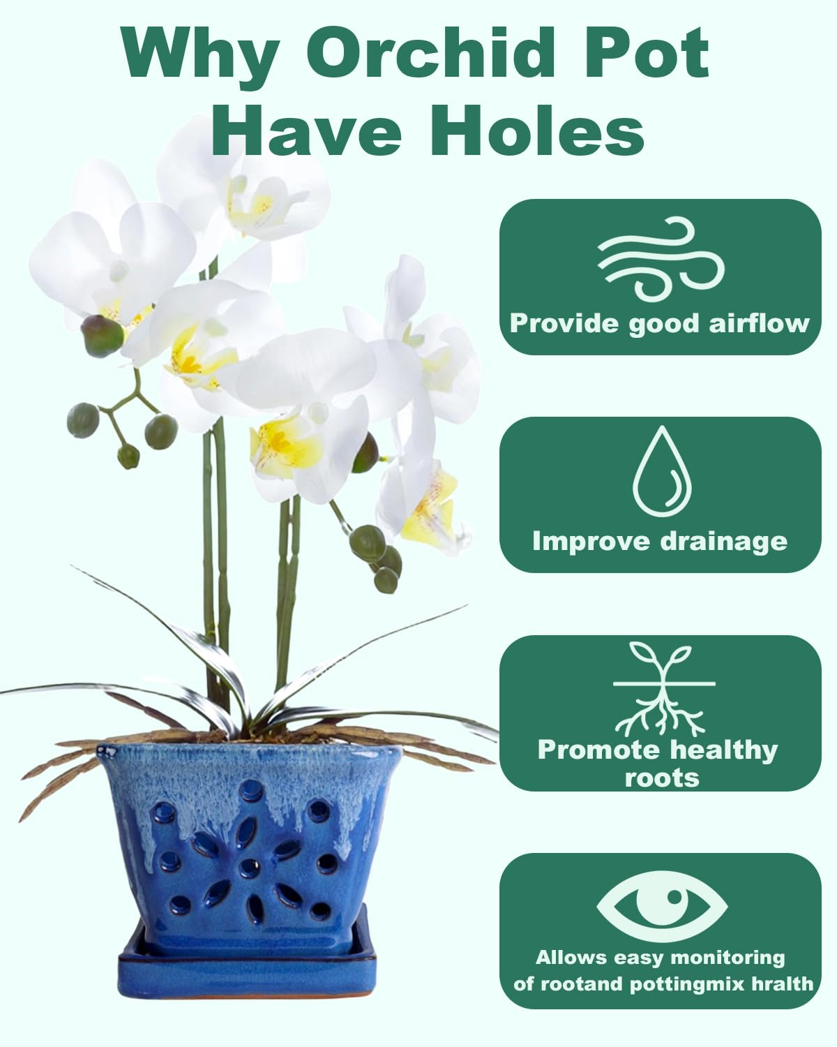 vensovo Vaso per orchidee rettangolare in ceramica, 14 cm, con fori, blu | Fioriera in ceramica per rinvasare orchidee con fori di ventilazione e drenaggio per interni ed esterni