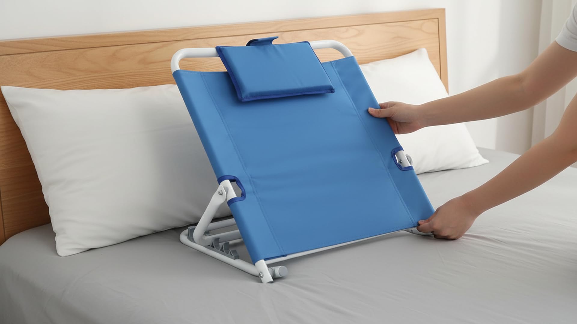 Ausilium Alzacuscino Schienale Regolabile in 5 Posizioni, Struttura in Acciaio, Rivestimento in Nylon Traspirante, Poggiatesta Imbottito, Ideale per Lettura, Relax e Pasti a Letto