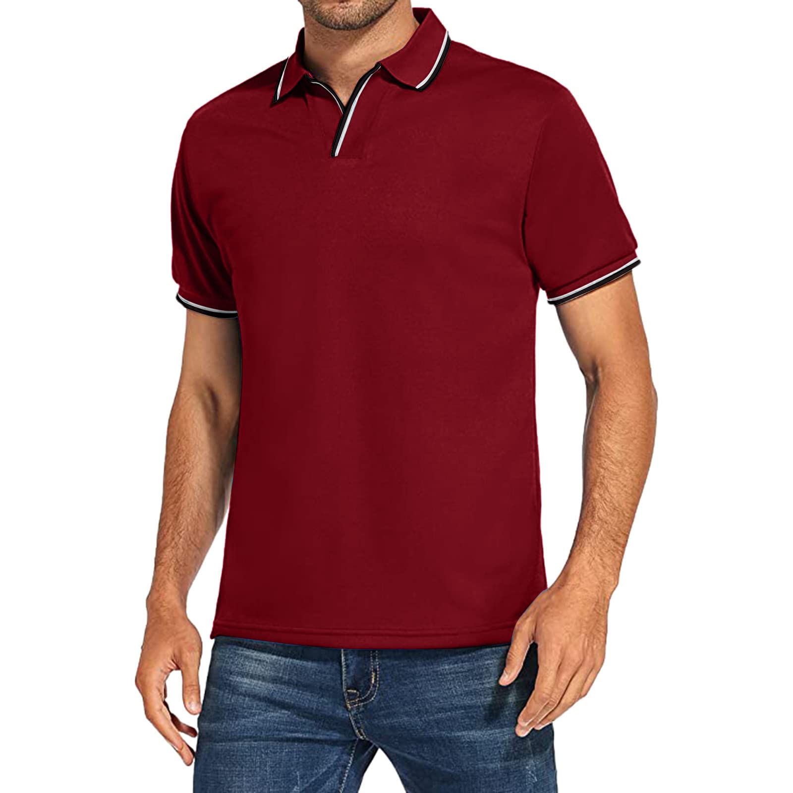 AulemenMens Polo Shirt Striped Short Sleeve V Neck Solid Sport Fit Casual Polo Golf Athletic T-Shirt