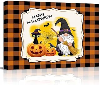 Halloween Gnomes Wall Art for Living Room,Canvas Picture Wall Decor for Bathroom Bedroom,Pumpkin Cat Crow Orange Black Plaid Painting Artwork for Office Kitchen Hallway Dining Room Home Decor 24"x32"