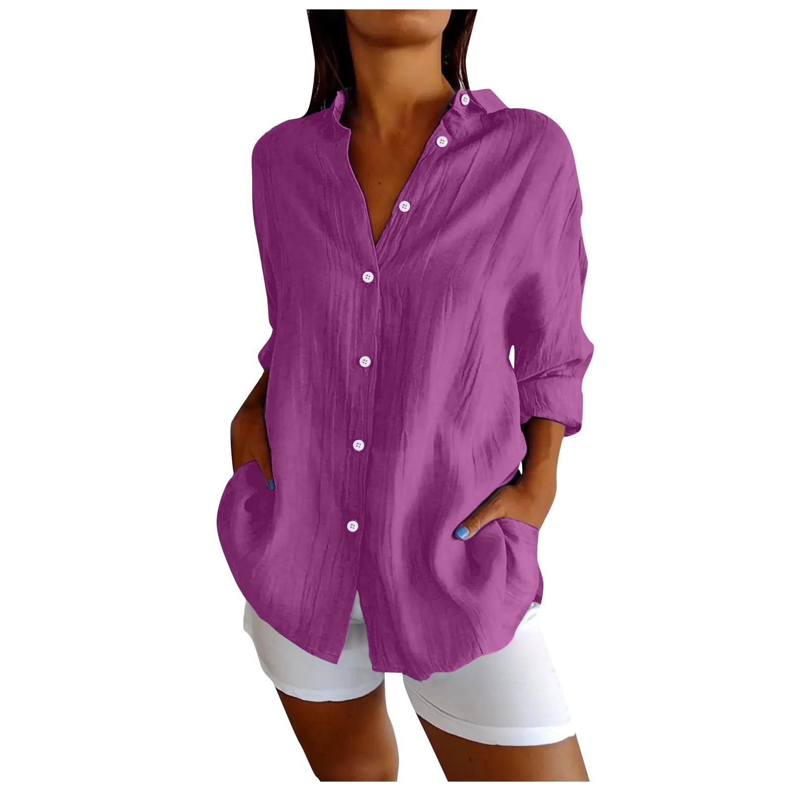 Camicie di lino alla moda con bottoni a maniche lunghe per le donne con risvolto Primavera 2026 Estate Classica Tunica di garza con colletto Vcation Abiti in cotone lino fidanzato Camicette casual