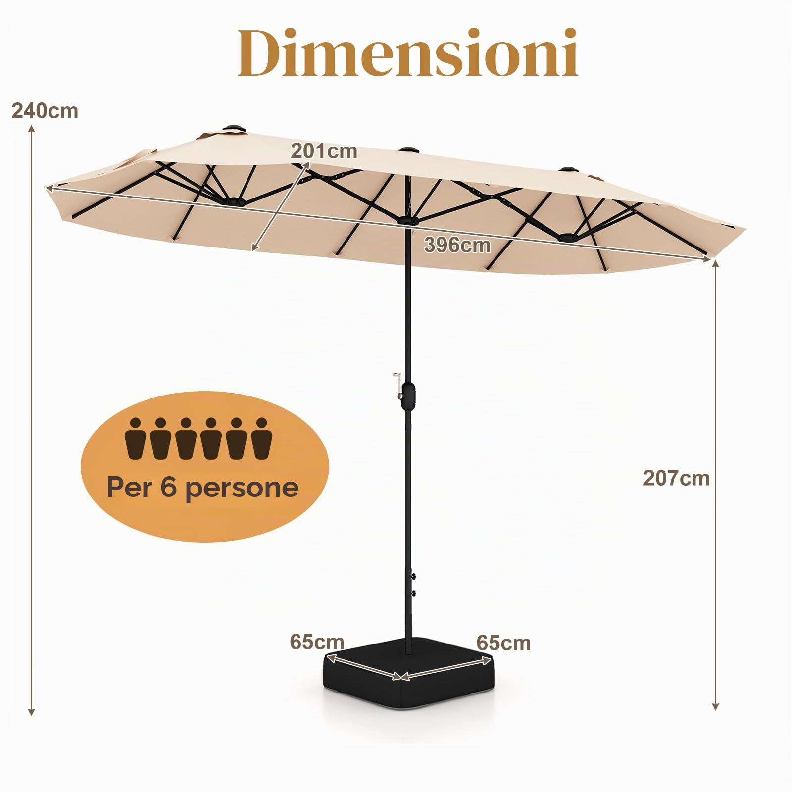 KOMFOTTEU Ombrellone da Giardino Doppio 396x201cm, Ombrellone Rettangolare con Manovella e Base, Ombrellone da Balcone Grande Impermeabile, Ombrellone da Patio per Piscina, Terrazzo, Cortile