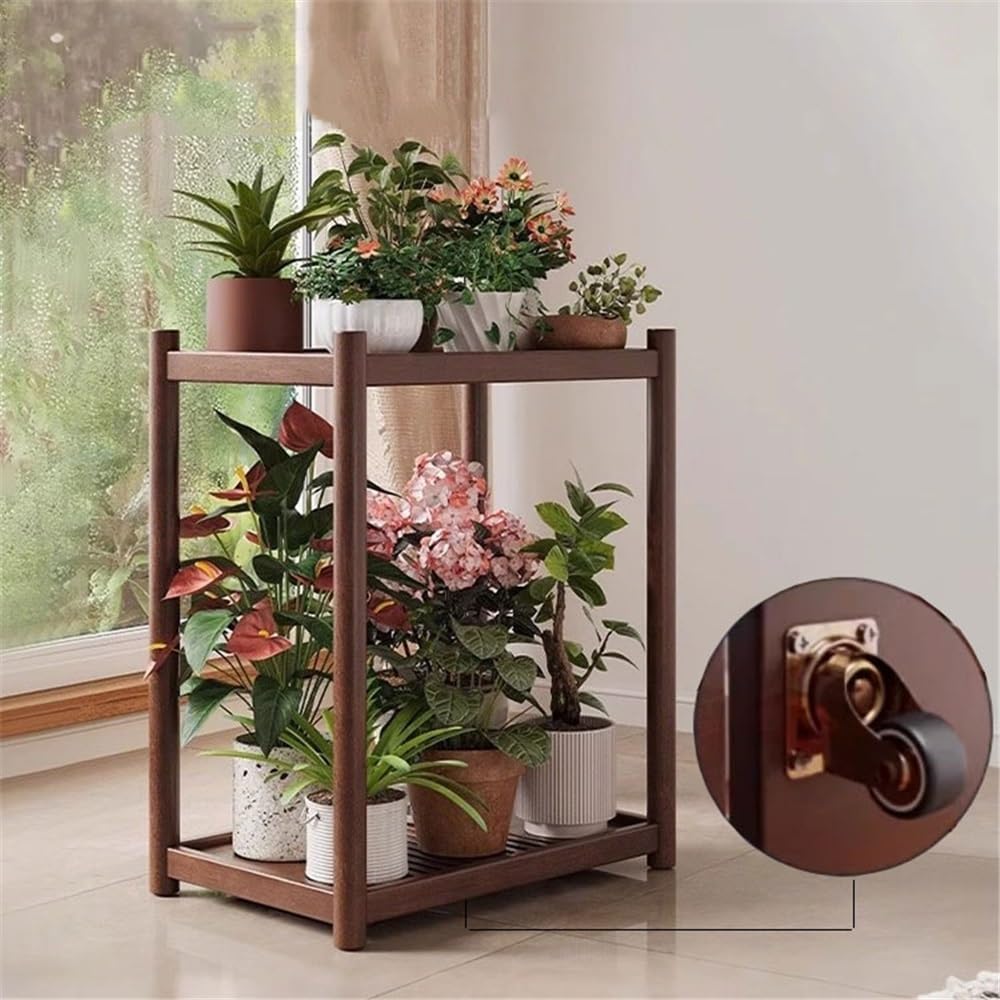 Stand Plant Portavasi a Due Piani Color Noce for Interni ed Esterni, divani, tavolino Laterale, Porta Bonsai in Legno