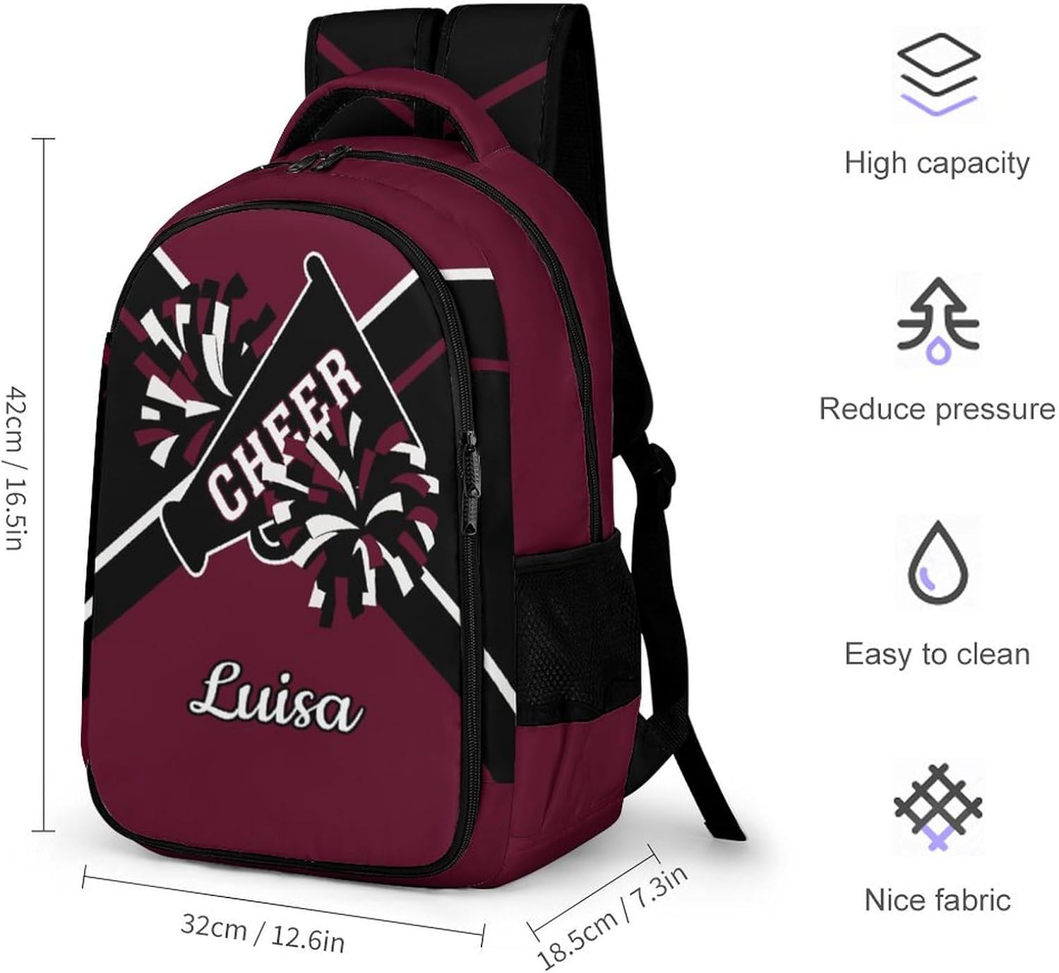 Dark Red Cheerleader Waterproof School Backpack Personalized with Name for Men Women Sport Laptop Bag