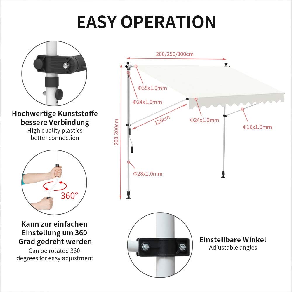 Mucola Klemmmarkise Balkonmarkise ohne Bohren mit LED Solar 400 cm Grau