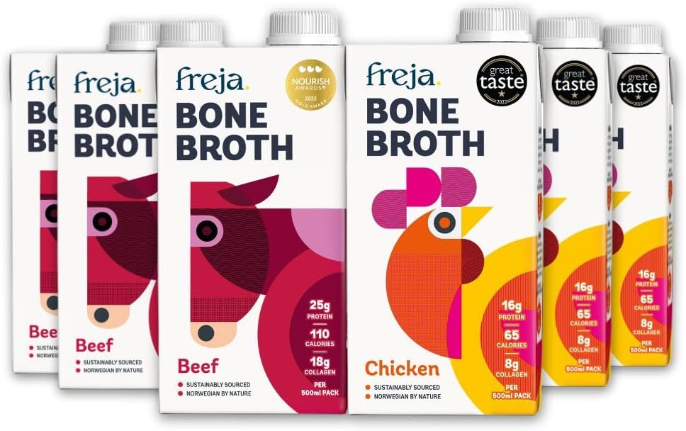 Freja Best of Bone Broth Mixed Pack | Sipping Broth Selection | Beef & Chicken | Premium Liquid Broth | Low Calorie | High Protein & Collagen | Not from Concentrate, Powder or Cubes | 6 x 500ml
