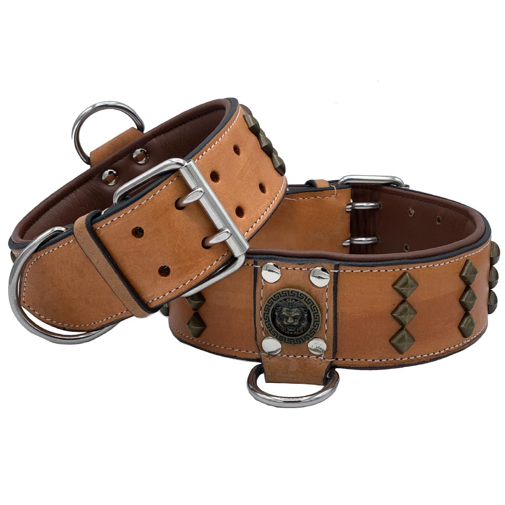 LEATHER BIG DOG COLLAR WIDE STUDDED WITH LION SOFT PADDING (NECK 19'' TO 23'')