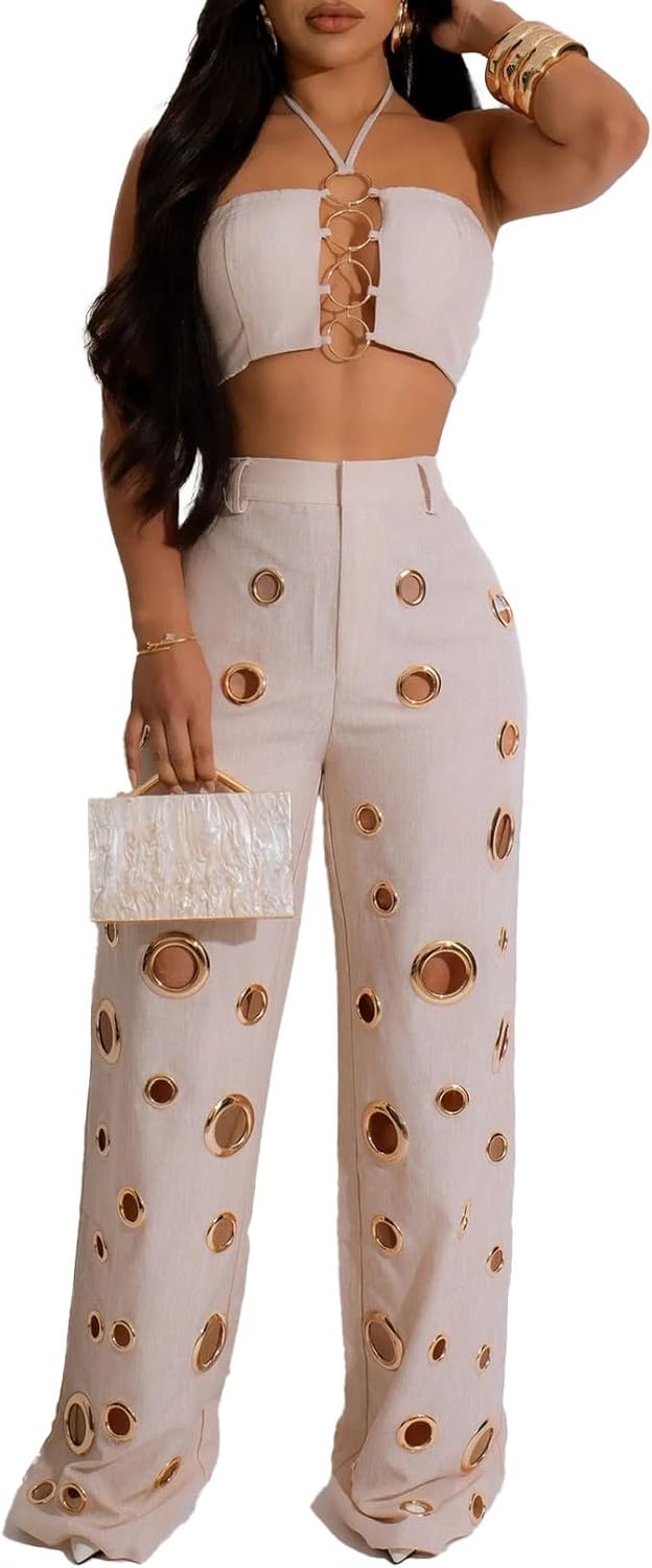 BOKITECAO Womens Sexy Hollow Out 2 Piece Outfit Crop Tops Pants Sets Bodycon Jumpsuits Outfits