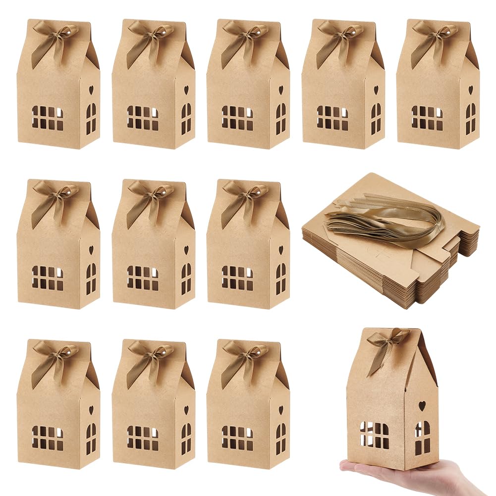 AHANDMAKER 20 Stück Geschenkboxen Aus Papier In Form Eines Hauses Mit Schleife Und Hellbraunem Polyesterband Geschenkverpackung Für Hochzeiten Dekoration Ausgefallene Boxen Für Partygeschenke