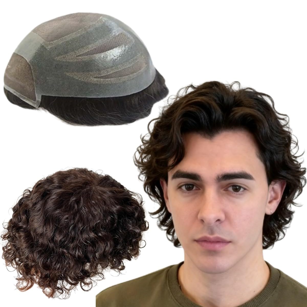 Toupet per Uomo Parrucche Capelli Umani Toupee European Virgin Human Hair Units Ricci Onda Parrucca Capelli Genuino Sistema di Sostituzione Umano FPM Patch (8 x 10")