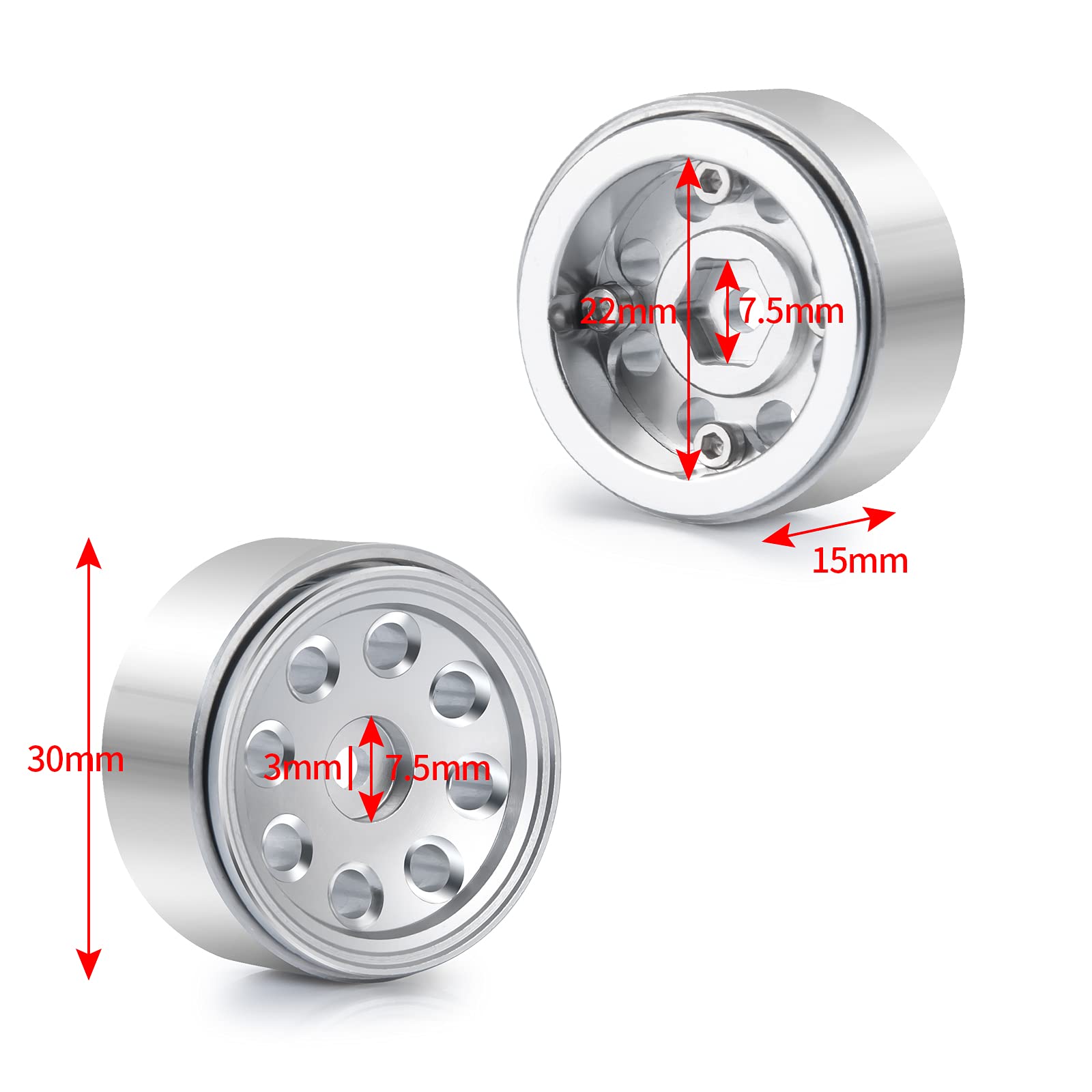 Que-T RC Beadlock Wheel Rims - 4pcs Bright Silver Hubs For 1/24 Axial SCX24 Crawler Upgrades - View #11