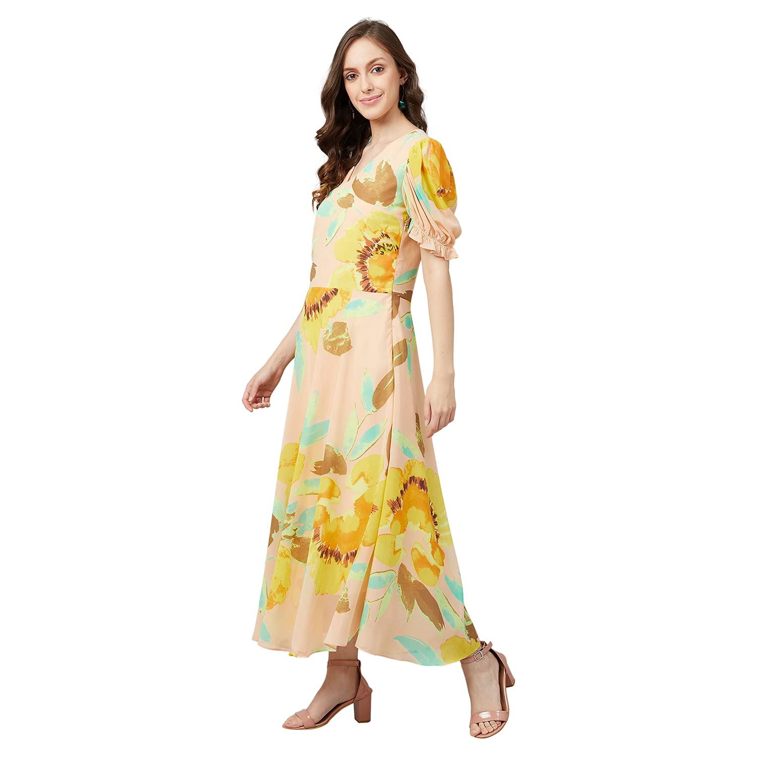 Rare Women's Georgette Fit And Flare Midi Casual Dress (Ep6504_Yellow_Medium)