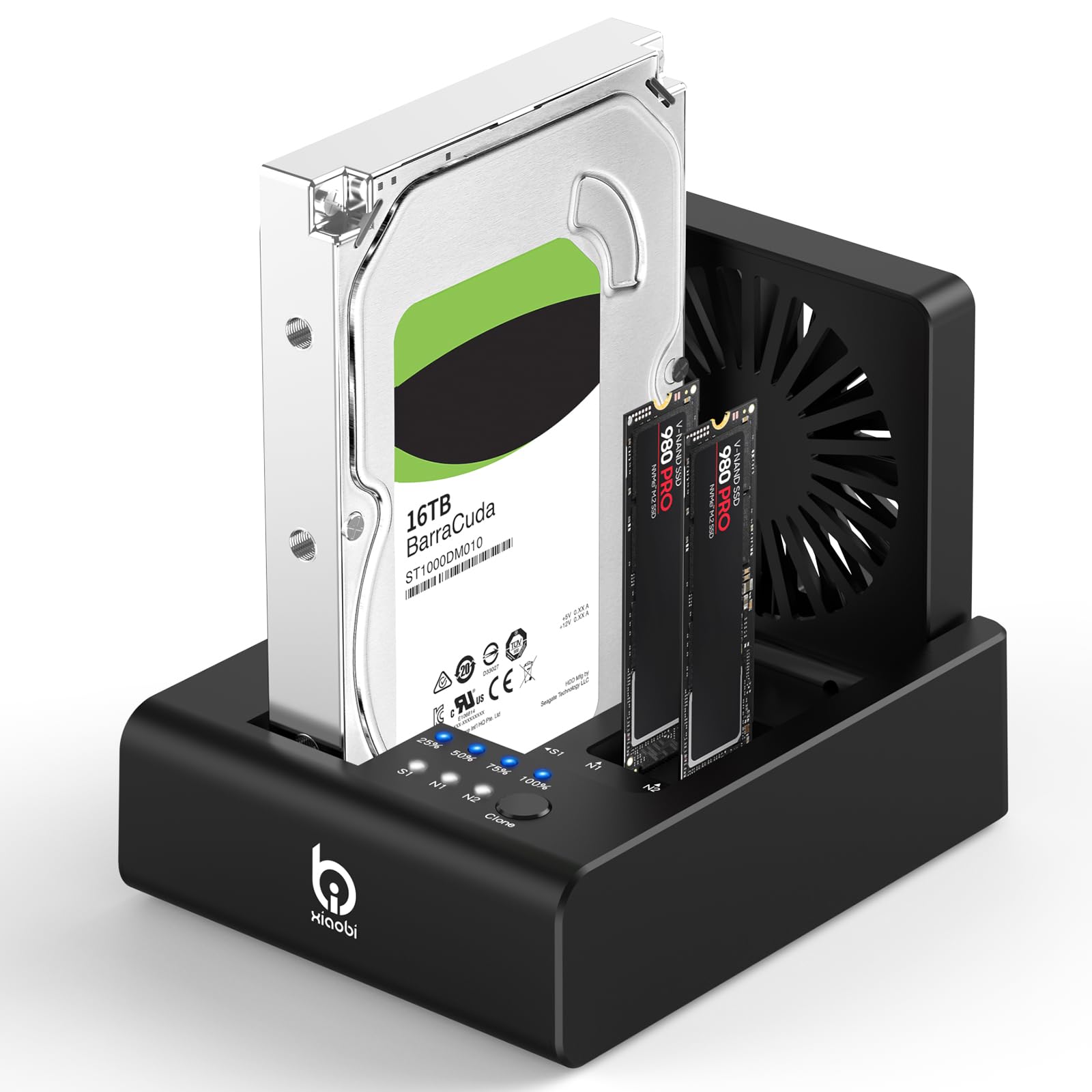 M.2 NVMe & SATA Festplatten-Dockingstation, USB C 10 Gbit/s Festplattenkloner für M.2 PCIe NVMe + SATA 2,5 Zoll / 3,5 Zoll HDD-Konverter, Offline-Klonen, werkzeuglos, Lüfter