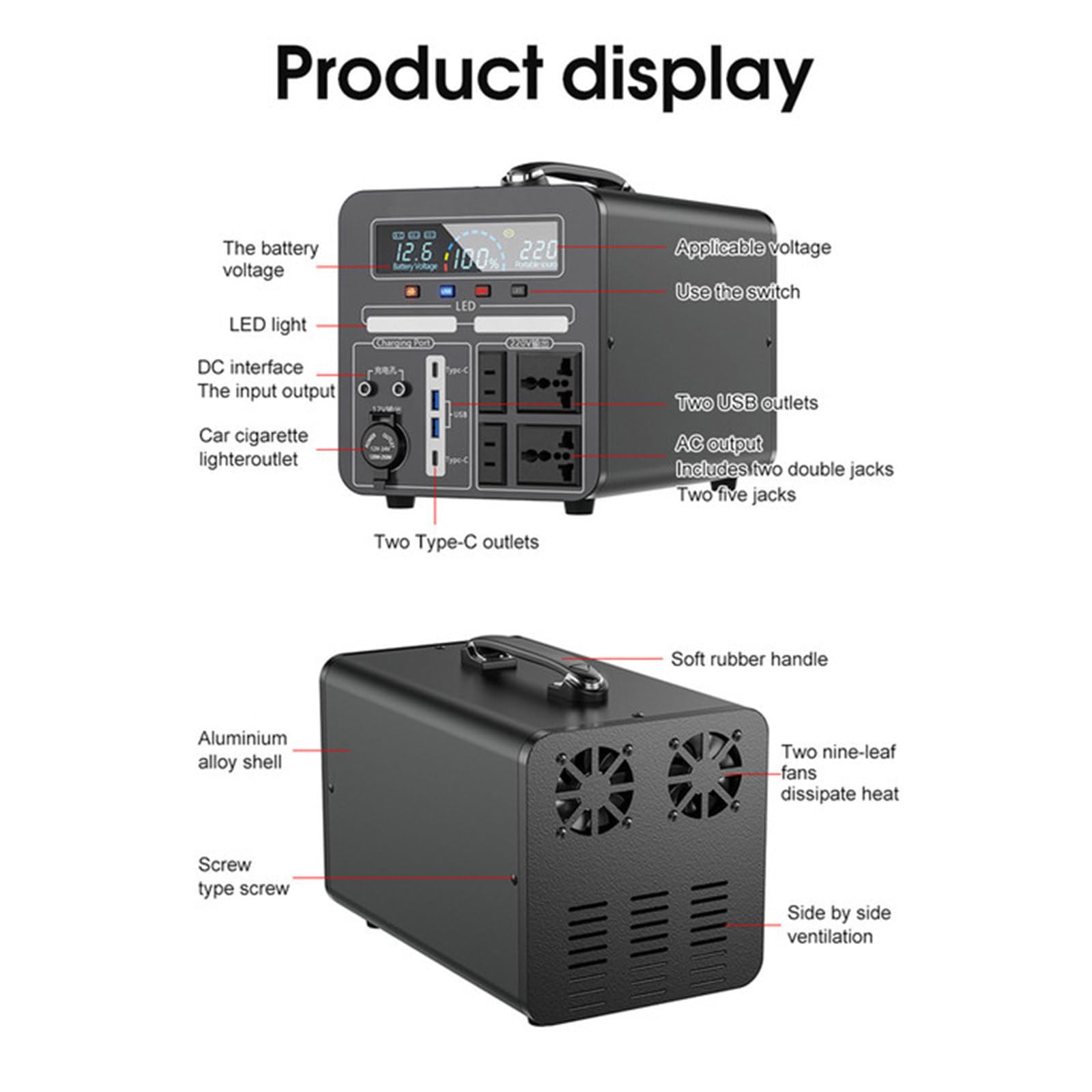 Alimentation électrique Mobile extérieure 600 W 220 V Stockage d'énergie Portable Batterie au Lithium de Grande capacité Camping Conduite Autonome Décrochage de Voiture d'urgence,480Wh
