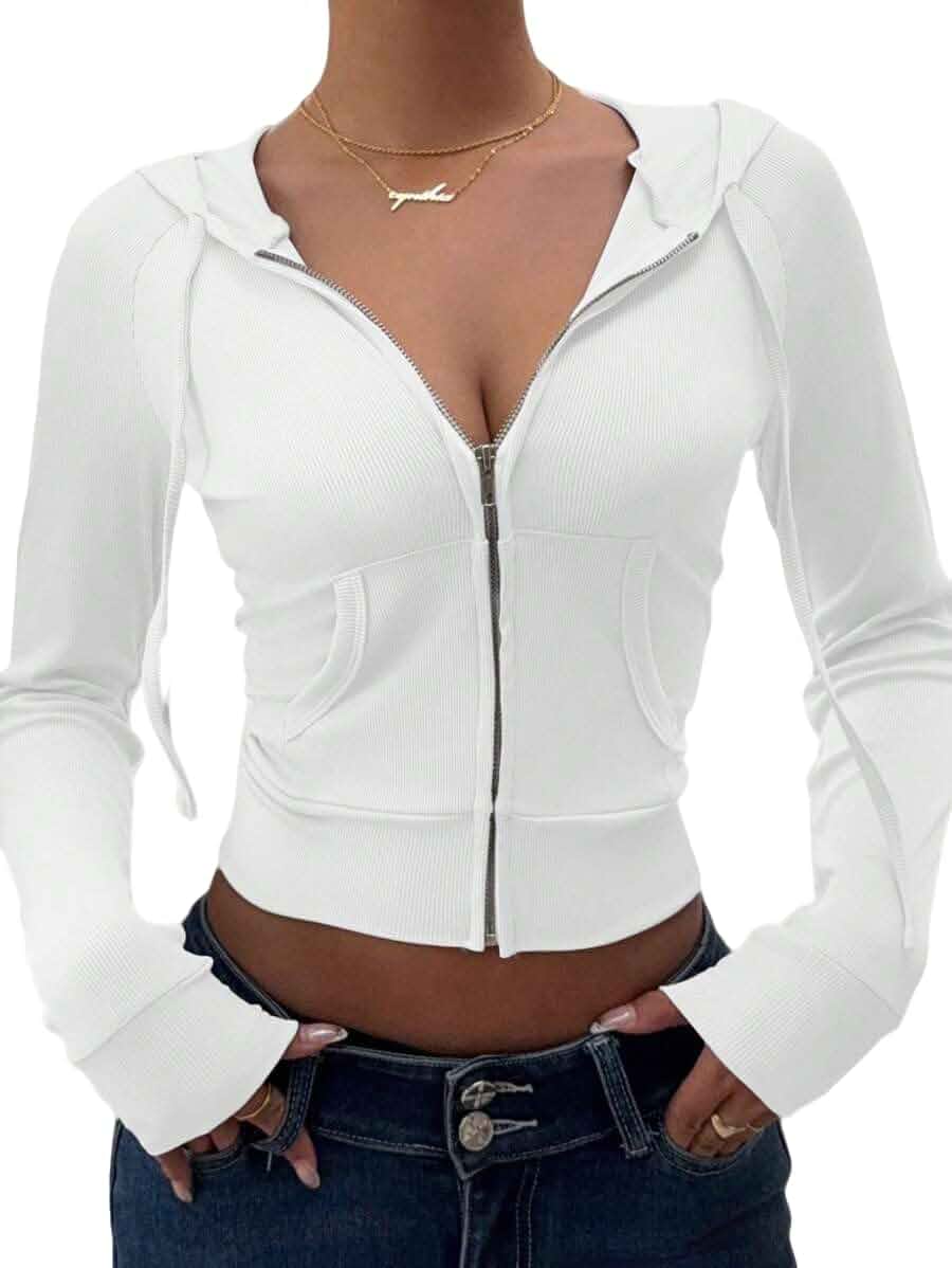 BJhaz Women's Y2k Hoodie Crop Zip Up Ribber Knit Fall Jacket Tops Slim Fit Long Sleeves Sweatshirt with Pockets