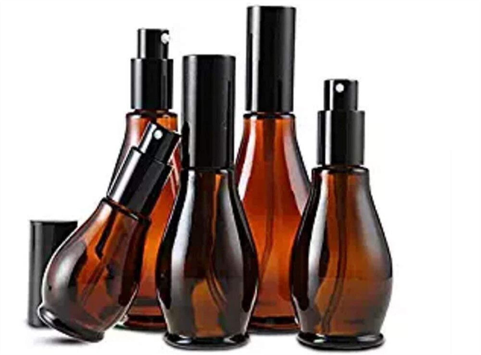 vaporisateur 6pcs Bouteille De Pulvérisation En Verre D'ambre En Forme De Concombre À Recharge Rechargeable, Conteneur De Lotion Cosmétique Portable, Avec Tête De Pompe Noire Et Bouchon De Bouteille (