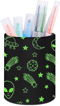 PU Leather Pencil Pen Holder for Men Women, Desk Essentials Holder Green Alien Moon Planet Black Pencil Cup Desktop Stationery Organizer