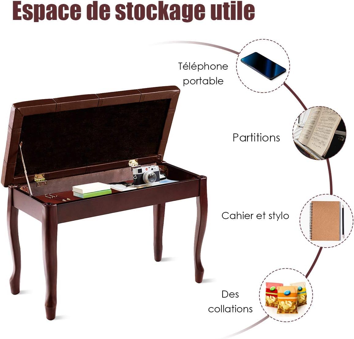 GOPLUS Banco para Piano Doble de Madera con Asiento Acolchado, Taburete de Piano de 2 Plazas con Compartimento de Almacenaje, 75x35x49cm, Carga Máxima 180KG