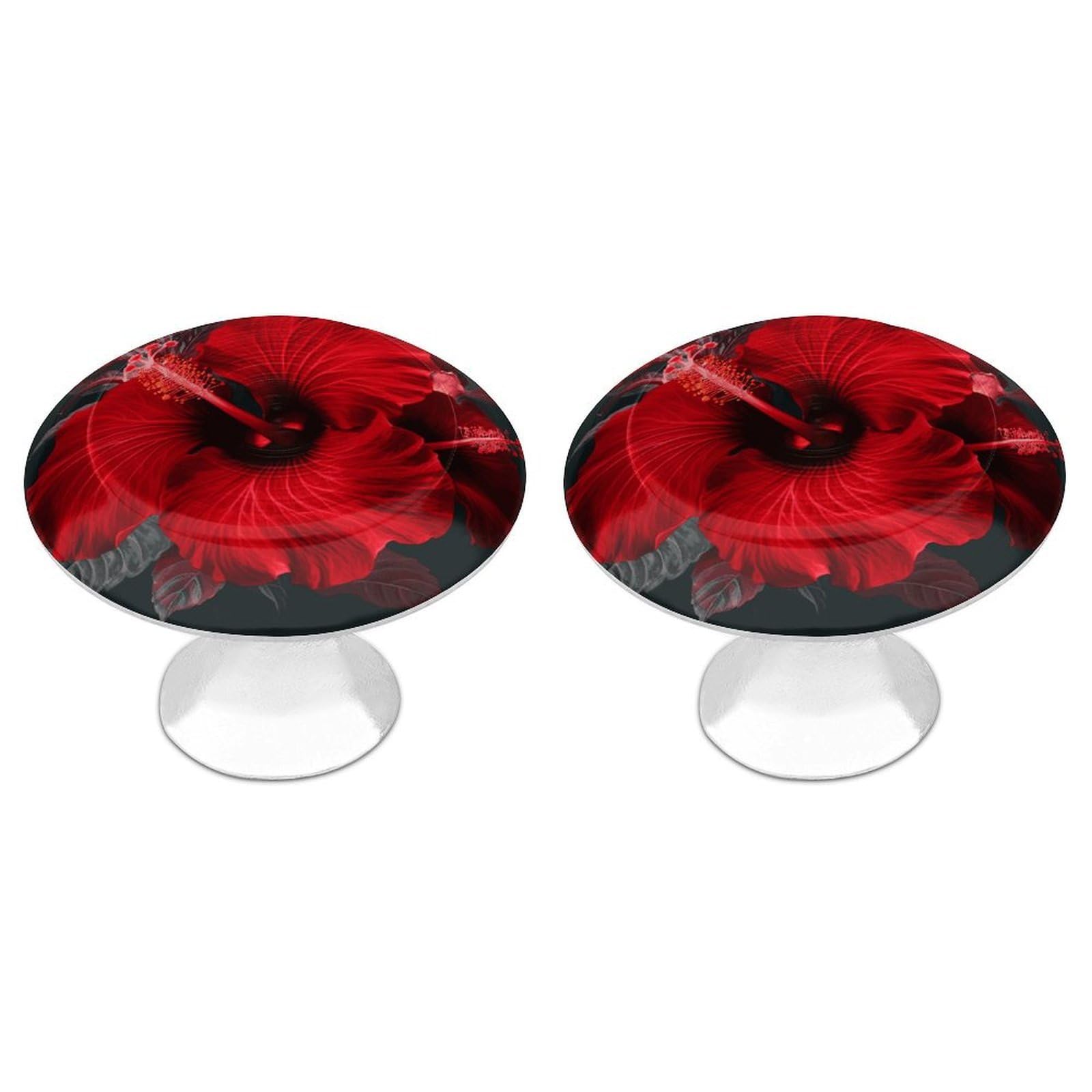 FekiLoot Red Hibiscus Flowers Cabinet Knobs Personality Stainless Steel Round Drawer Handles Circle Modern Cabinet Handles Drawer Knobs for Kitchen Dresser Bathroom Cupboard Furniture