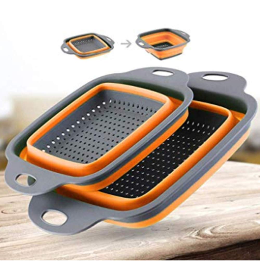 Collapsible Colander Set - Square Kitchen Food Strainer (1 Pcs) - Dishwasher Safe - Perfect for Draining Pasta, Vegetable and Fruit (Green,Blue,Red & Orange) (ORANGE)