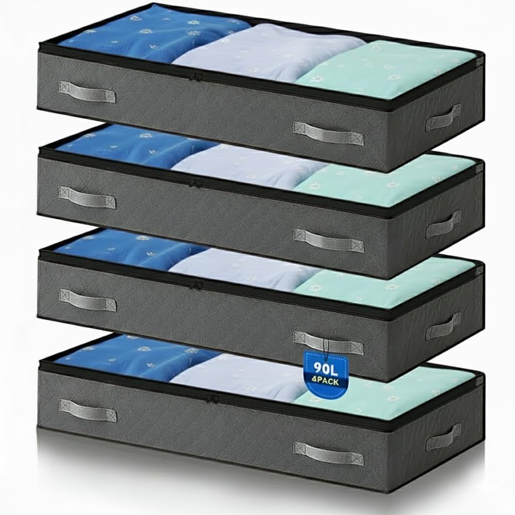 Loomart Collection Grey Loomart Underbed Storage Bag 90L – Foldable Under Bed Storage Box With Lid, Reinforced Handle, Clear Pvc Window, Clothes Storage Organiser For Blankets, Duvets, Bedding – (Underbed Storage, 2)