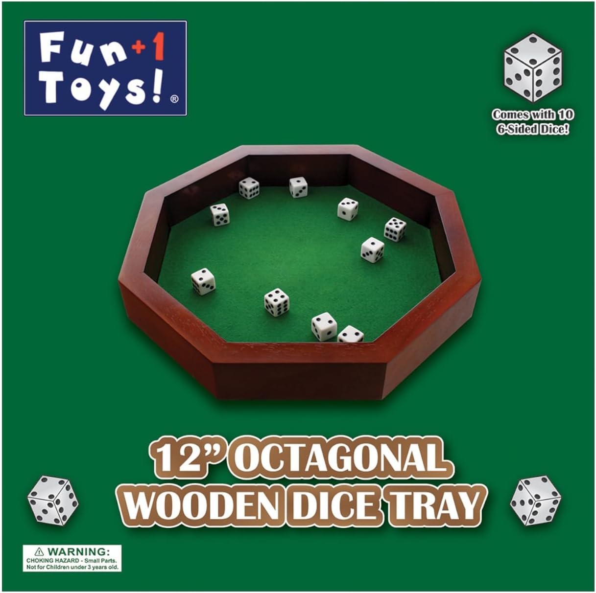 Fun+1 Toys! 11.75-Inch Octagonal Wooden Dice Tray - Dice Included