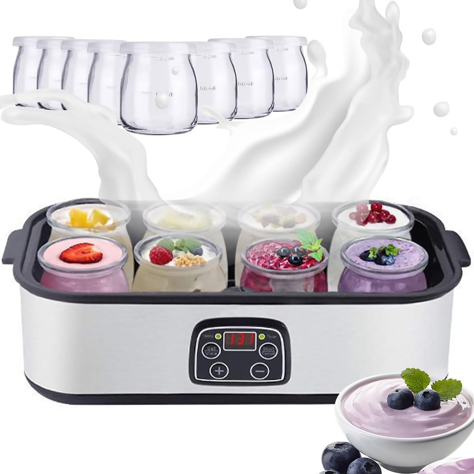 Automatic Yogurt Maker, 1400ML Probiotyczna Maszyna do Jogurtu, z 8 Szklanymi Słoikami, Regulowana Temperatura & 0-48H Timer, do Domowego Ekologicznego Jogurtu & Natto