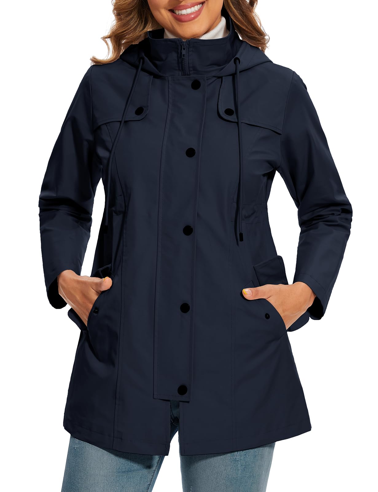 Giacca Impermeabile Donna Giacca Trench Pioggia con Cappuccio Parka Lungo Giacca a Vento Traspirante Leggero Antipioggia Antivento All'aperto