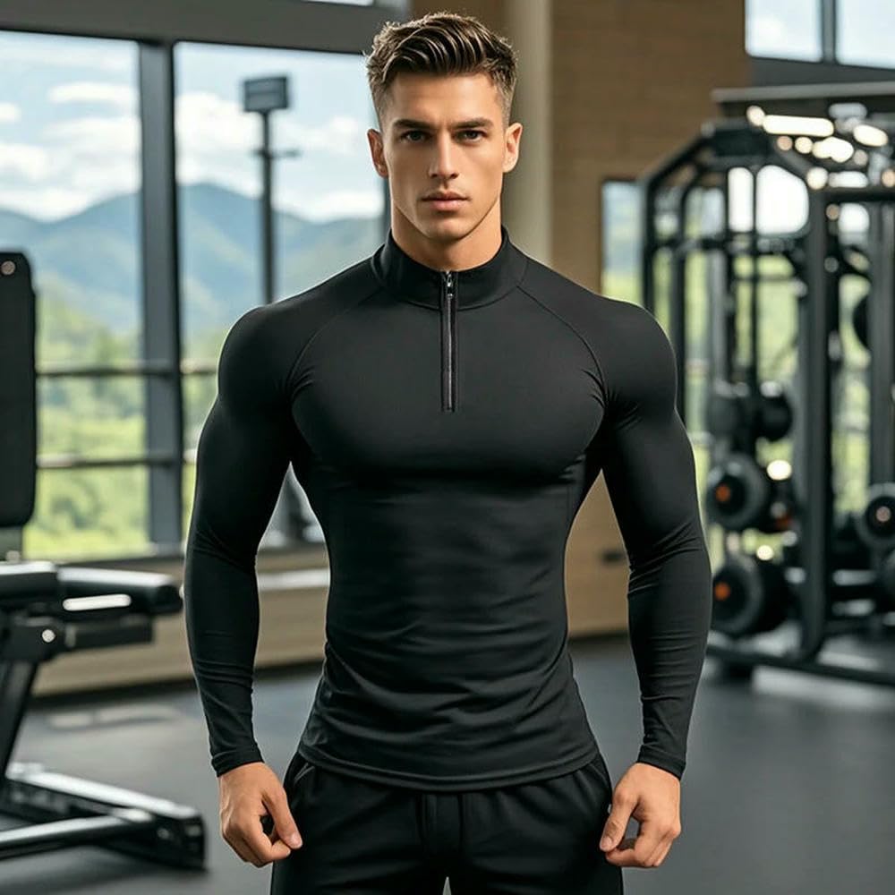 GLDFW - Camiseta deportiva de manga larga para hombre, ajustada, para gimnasio, correr, ropa de compresión, camiseta deportiva