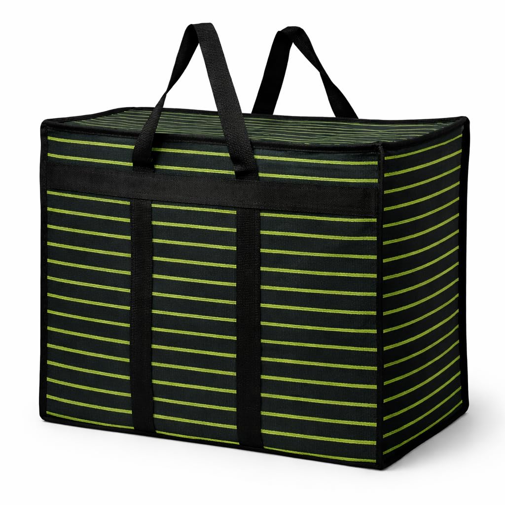 Multipurpose Extra Large Big Heavy Duty Storage Organizer Reusable Canvas Shopper Bag with Strong Handles and Base with Covers Zip (Black Green Lining, Pack Of 1)-image-22