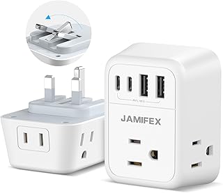 Foldable UK Ireland Travel Plug Adapter, JAMIFEX 8 in 1 Type G Travel Power Adapter with 4 USB(2 USB-C) Ports and 4 Outlets,US to England Irish Hong Kong Kenya Dubai Singapore Plug Adaptor Converter