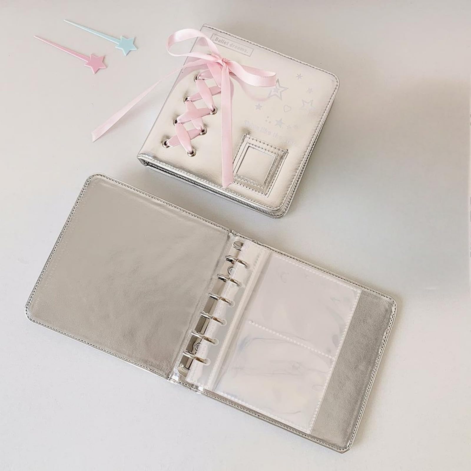 Amazon.co.jp: シール帳 かわいい手帳 6穴 A7 銀色 PU レザー