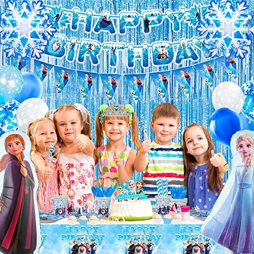 Frozen Party Decorations-136 Pcs Frozen Birthday Decorations set Include Frozen Party Tableware Tablecloth,Frozen Birthday Banner, Balloon,Cake Topper ect Frozen Party Supplies Service 10 Guests